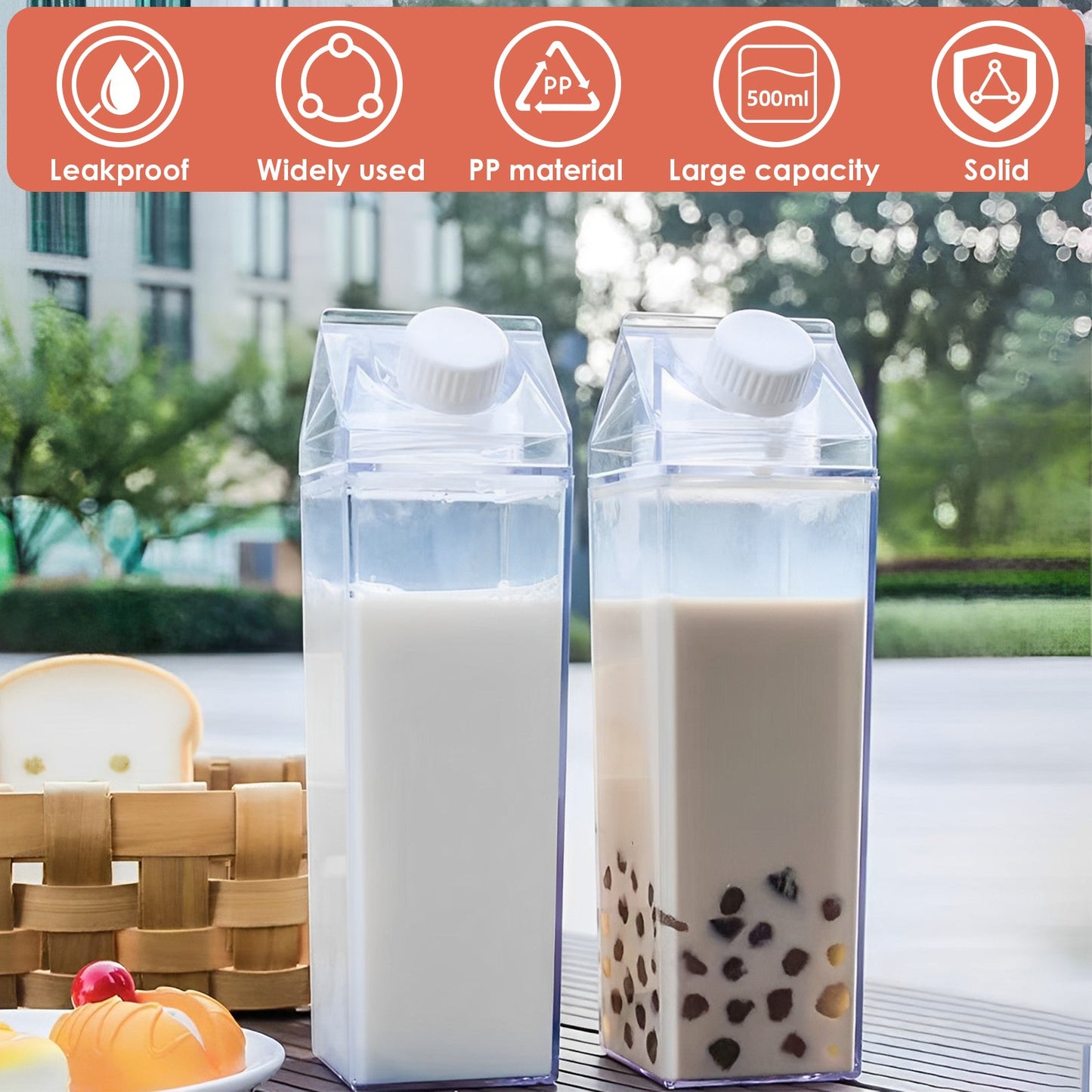 Transparent Milk Carton Water Bottle 500ml – Leak Proof, Reusable Rectangular Juice & Drink Bottle (Pack of 1)