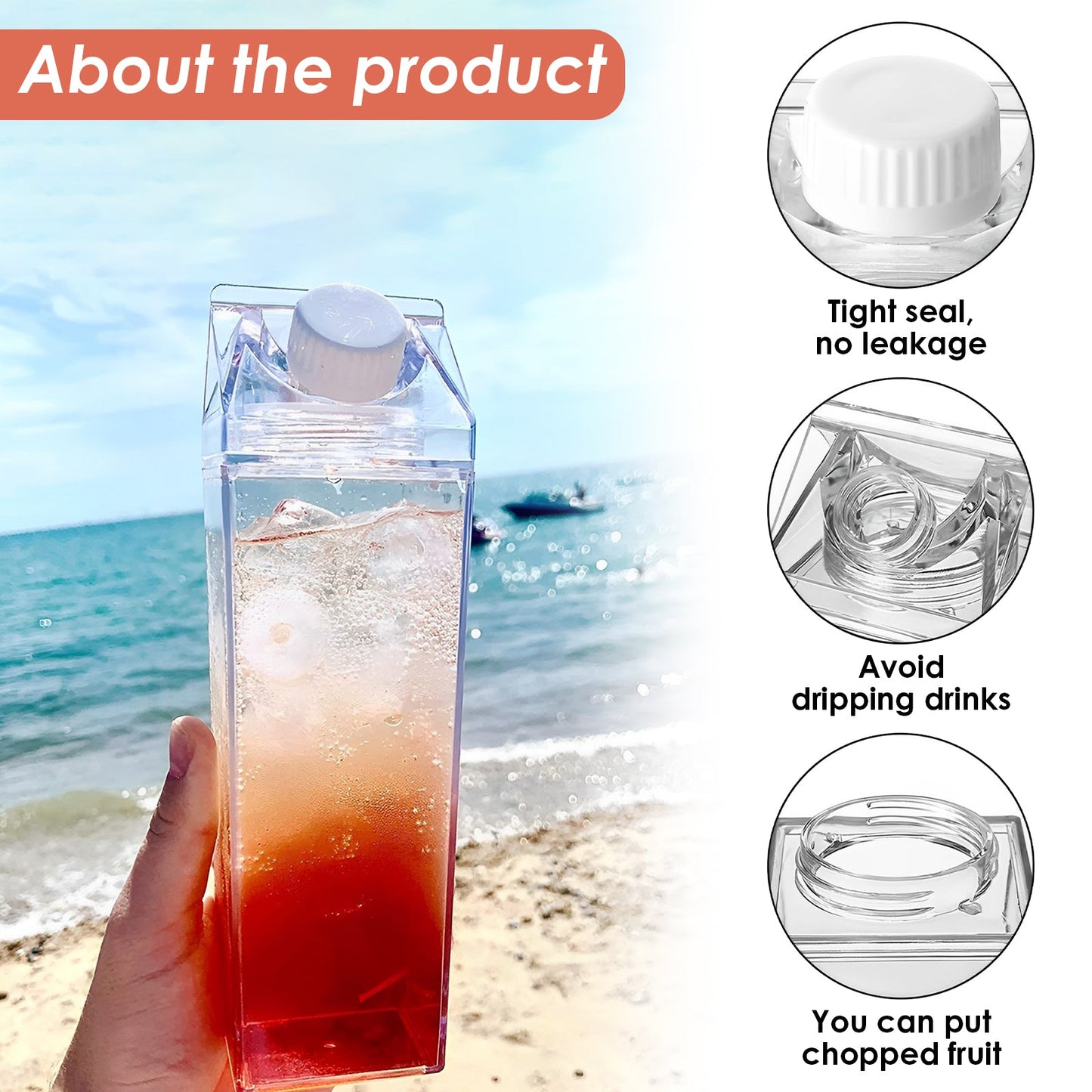 Transparent Milk Carton Water Bottle 500ml – Leak Proof, Reusable Rectangular Juice & Drink Bottle (Pack of 1)